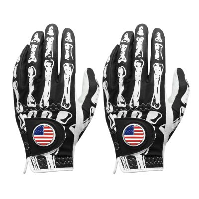 FINGER TEN Golf Gloves Men Right Handed Golfer Left Hand with Ball Marker 2 Pack Leather Breathable Comfortable Weathersof Grip Size Small Medium ML Large XL (Black&Bones, Large(Worn on Left Hand))