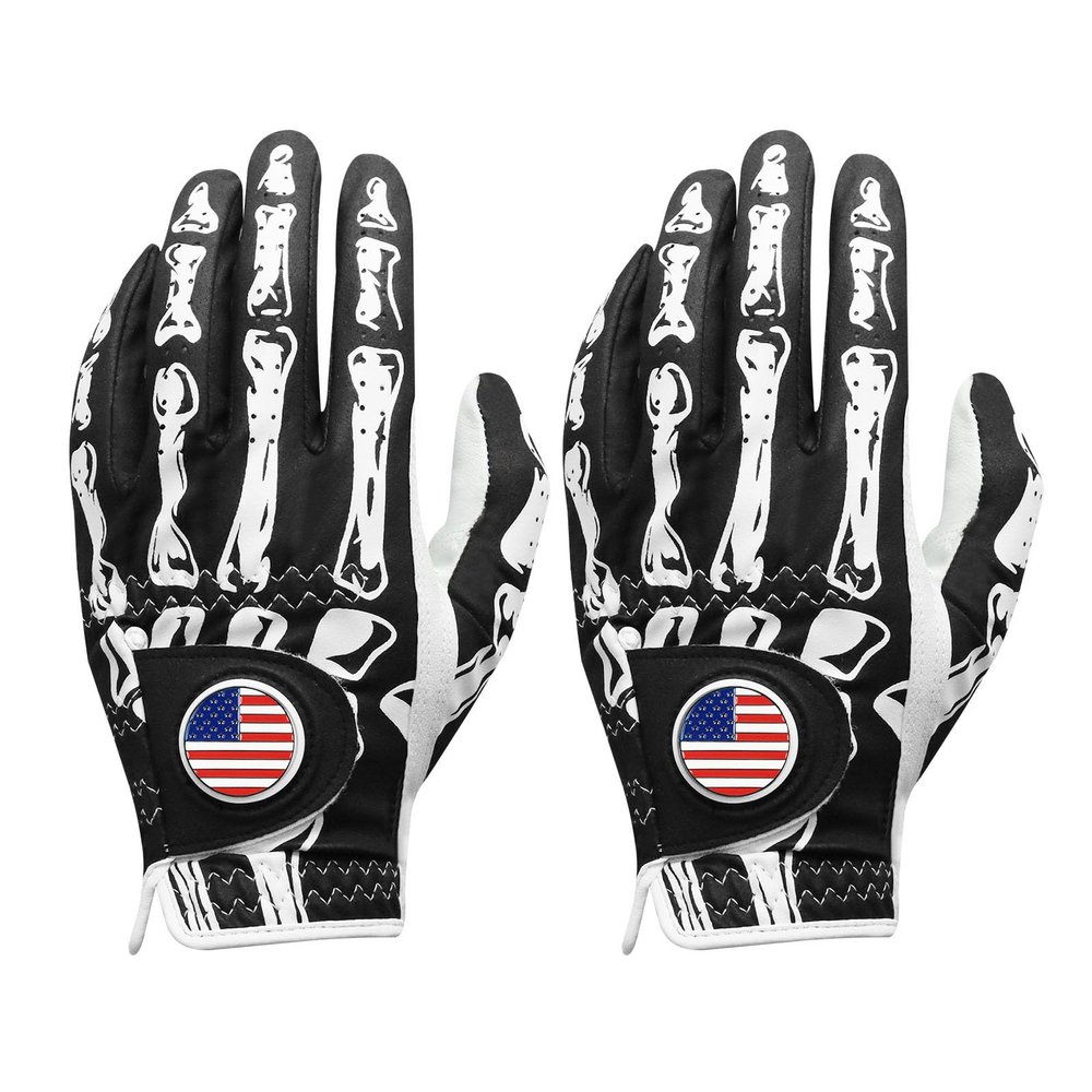 FINGER TEN Golf Gloves Men Right Handed Golfer Left Hand with Ball Marker 2 Pack Leather Breathable Comfortable Weathersof Grip Size Small Medium ML Large XL (Black&Bones, Large(Worn on Left Hand))