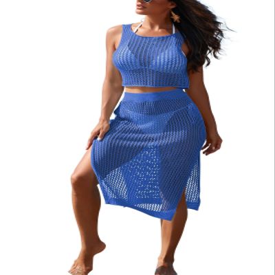 HUUSA Women's 2 Piece Beach Dress Crochet Coverups 2026 Summer Swimwear Knit Bathing Suit Hollow Out Split Swimsuit Holiday Beachwear Blue XL