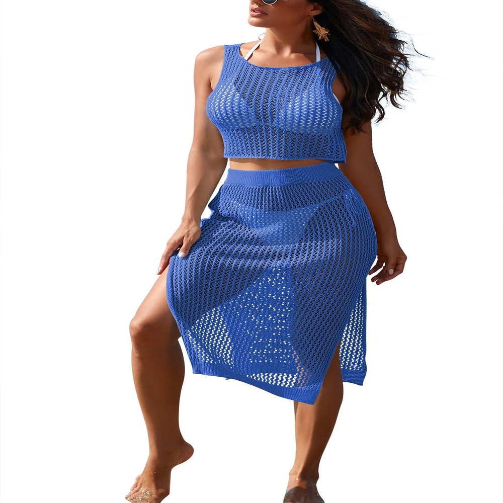 HUUSA Women's 2 Piece Beach Dress Crochet Coverups 2026 Summer Swimwear Knit Bathing Suit Hollow Out Split Swimsuit Holiday Beachwear Blue XL