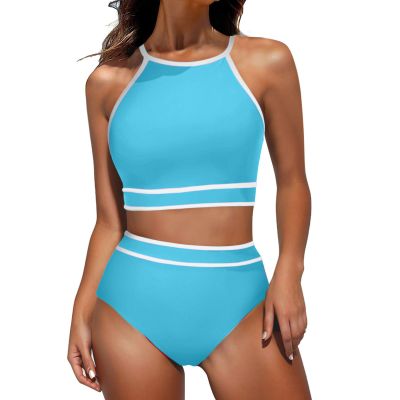 Akklian Women's High Waisted Bikini Sets Sporty Two Piece Swimsuit Color Block High Neck Bathing Suit Athletic Swim Suit