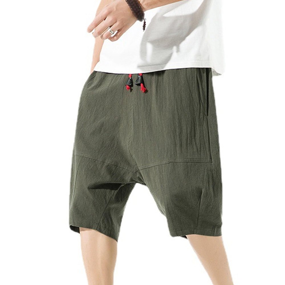 SWJGLITTR Men's Loose Linen Capri Short Pants Summer Drawstring Lounge for Men Shorts Retro Casual Linen Beach Short (Green,Large)
