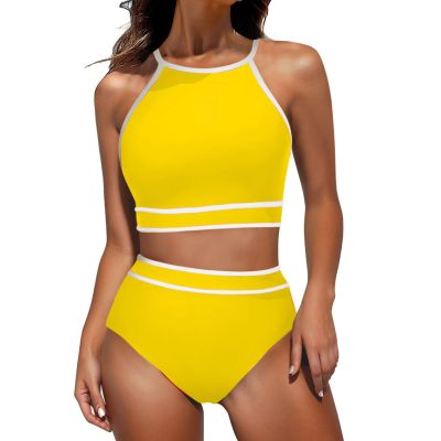 Women's High Waisted Bikini Sets Sporty Two Piece Swimsuit Color Block High Neck Bathing Suit Athletic Swim Suit