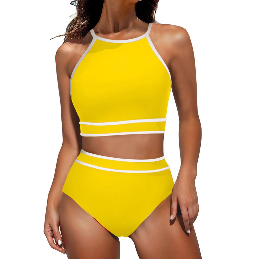 Women's High Waisted Bikini Sets Sporty Two Piece Swimsuit Color Block High Neck Bathing Suit Athletic Swim Suit