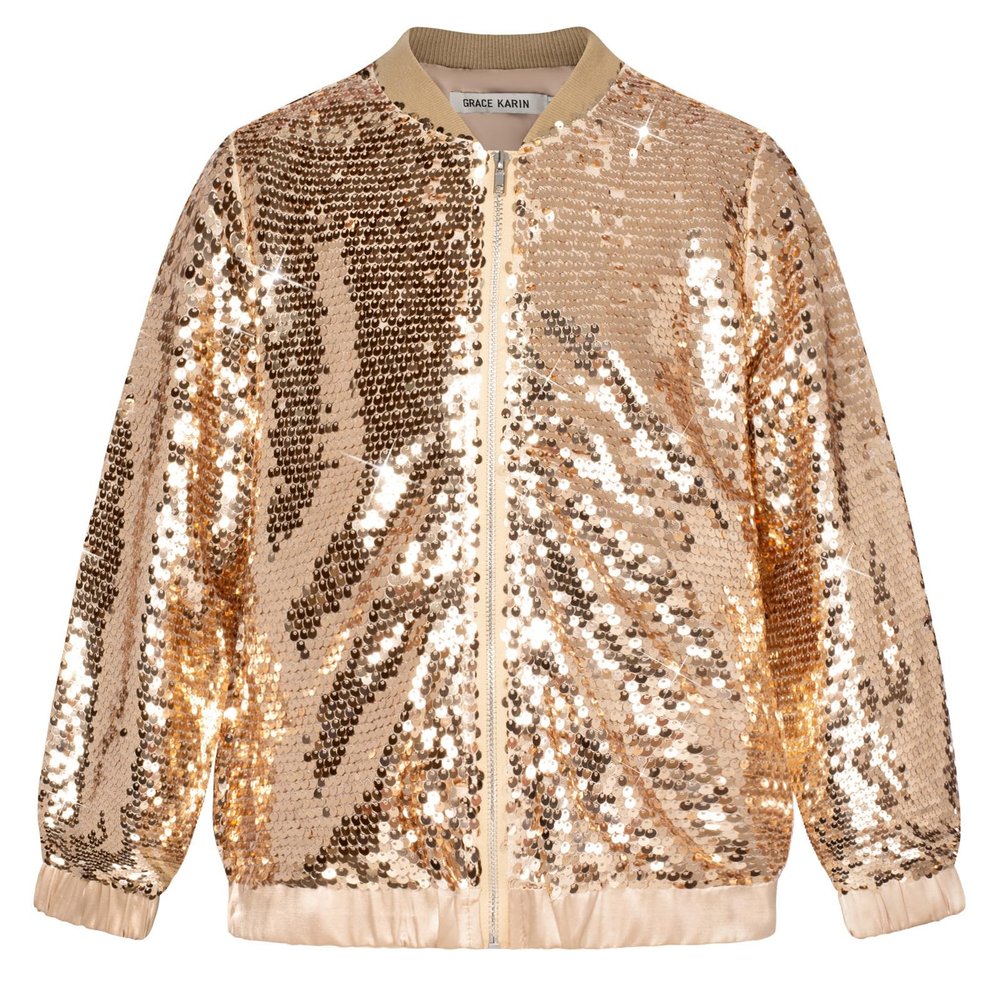 GRACE KARIN Sequin Jacket for Girls Kids Golden Long Sleeve Fall Winter Fashion Party Outwear Size 10-12