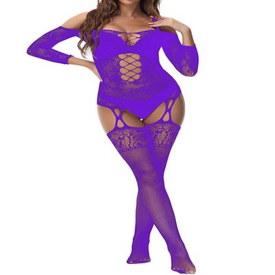 XIUSEMY Women Sexy Bodystocking One Piece Badydoll Fishnet Lingerie Nightwear Plus Size(One Size,JC Purple)