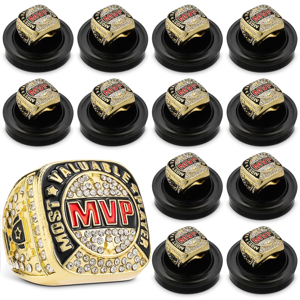 Loetere MVP Ring Most Valuable Player Ring Ball Games MVP Rings Sport Championship Trophy Ring with Display Neck Chain for Winner Tournament League Team Award Gift(Gold,12 Pcs)
