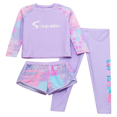 Hedmy Girls Long Sleeve Swimwear Rashguard T-Shirts with Swim Shorts Pants Set 3pcs Quick Dry Swimsuits UPF 50 Purple 5-6 Years