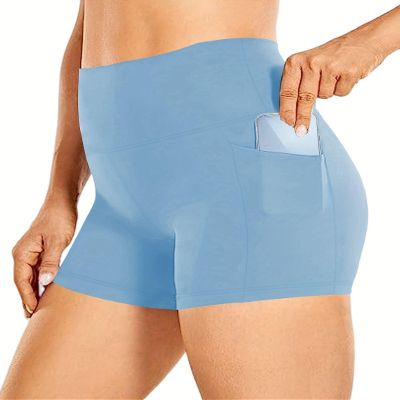 2024 Women's Latest Workout Yoga Shorts - Premium Soft Solid Stretch Cheerleader Running Dance Volleyball Short Pants Light Blue