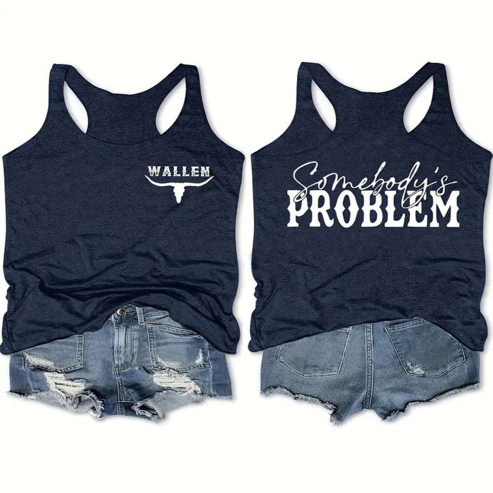 AEARGIV Womens Somebody's Problem Tank Tops Country Music Tees Western Cowboy Cowgirl Shirt(S,Dark Blue 3)