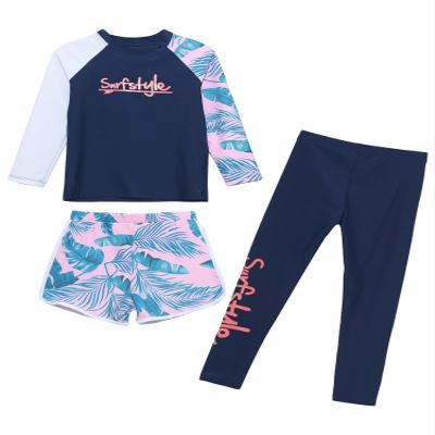 Hedmy Girls Long Sleeve Swimwear Rashguard T-Shirts with Swim Shorts Pants Set 3pcs Quick Dry Swimsuits UPF 50 Navy Blue 3-4 Years