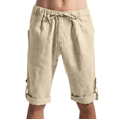 SWJGLITTR Men's Cotton Linen 3/4 Shorts Loose Fit Elastic Waist Men Short Lightweight Casual with Pockets Short Pants (Khaki Color,Large)