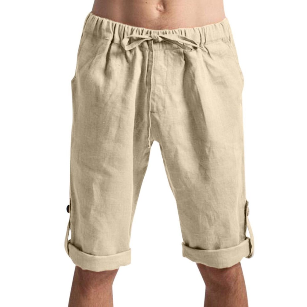 SWJGLITTR Men's Cotton Linen 3/4 Shorts Loose Fit Elastic Waist Men Short Lightweight Casual with Pockets Short Pants (Khaki Color,Large)