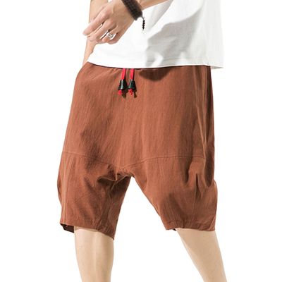 SWJGLITTR Men's Loose Linen Capri Short Pants Summer Drawstring Lounge for Men Shorts Retro Casual Linen Beach Short (Coffee Color,Medium)