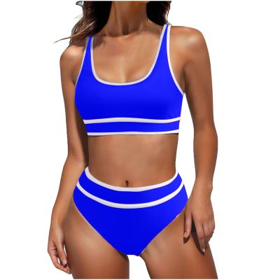 Women's Sporty Swimsuits Two Piece High Waisted Bikini Sets Color Block Athletic Swimwear High Cut Bathing Suits