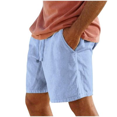 Mens Cotton Linen Shorts Summer Lightweight Casual Beach Shorts Drawstring Breathable Vacation Lounge Shorts, Vacation Essential Outfit for Men Pajama Yoga Shorts(Blue 1,Small)