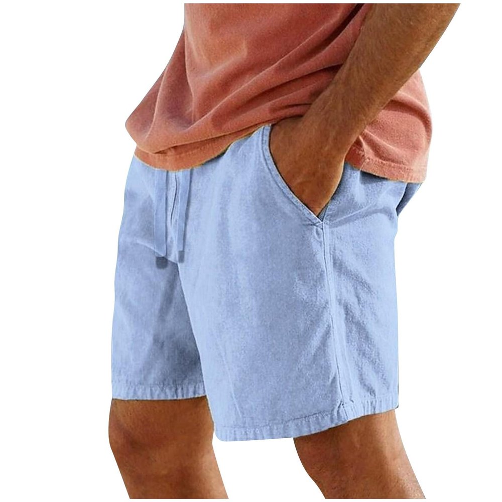Mens Cotton Linen Shorts Summer Lightweight Casual Beach Shorts Drawstring Breathable Vacation Lounge Shorts, Vacation Essential Outfit for Men Pajama Yoga Shorts(Blue 1,Small)