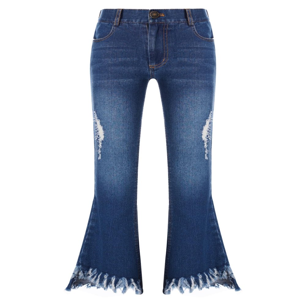 Freebily Youth Kids Flared Jeans for Girls Casual Denim Pants Bell Bottoms Junior High Waist Wide Ruffled Trousers Size 10-12 Dark Blue E 14 Years