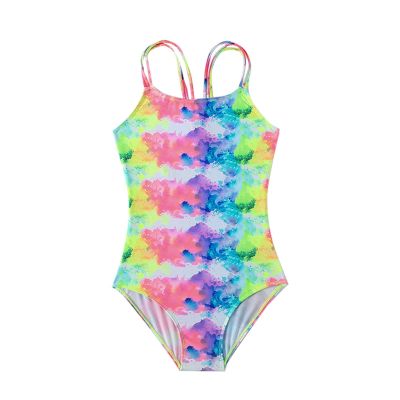 AIMAOMI Big Kids Summer Swimsuit Children's Swimsuit Colorful Tie Dye Rainbow Color Girls Bathing (Yellow, 12-13 Years)