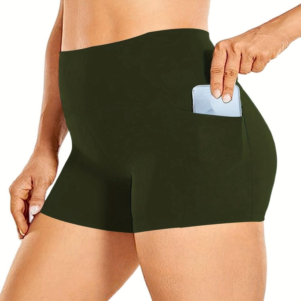 2024 Women's Latest Workout Yoga Shorts - Premium Soft Solid Stretch Cheerleader Running Dance Volleyball Short Pants Army Green