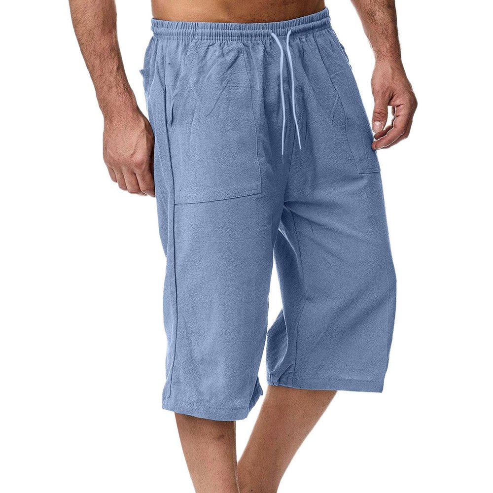 SWJGLITTR Mens Linen Drawstring Capri Pants Lightweight 3/4 Pants Elastic Waist Short Casual Beach Yoga with Pockets Trousers (Blue 1,Large)