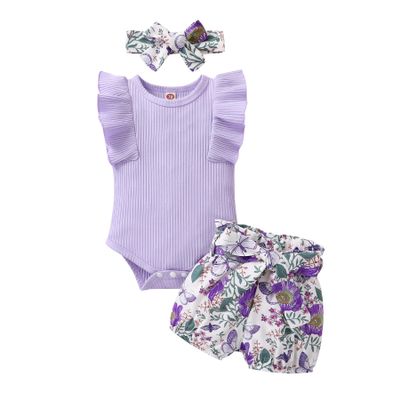 Tiny Cutey Baby Girl Clothes Infant Summer Outfits Set Ruffle Sleeve Romper and Floral Shorts with Headband (Lilac romper+purple flowers+butterfly shorts,3-6 Months)