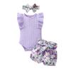 Tiny Cutey Baby Girl Clothes Infant Summer Outfits Set Ruffle Sleeve Romper and Floral Shorts with Headband (Lilac romper+purple flowers+butterfly shorts,3-6 Months) view 1