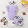 Tiny Cutey Baby Girl Clothes Infant Summer Outfits Set Ruffle Sleeve Romper and Floral Shorts with Headband (Lilac romper+purple flowers+butterfly shorts,3-6 Months) view 2