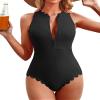 Charmo Zipper One Piece Swimwear Ribbed Modest Swimsuit High Neck Racerback Bathing Suits Scalloped Swim Suit Black L view 1