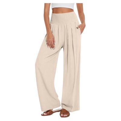 FQFGGYD Women's Summer Linen Wide Leg Pants High Waist Casual Beach Belt Sweatpants Pockets Lounge Pants Women Baggy Pants Beige