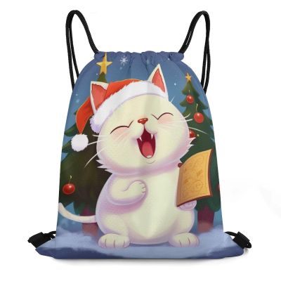 OURTEV Cute Cat Sing Christmas Carols Drawstring Backpack Travel Sports Drawstring Bags Portable Storage Gym Bag for Men Women, 35*42cm, Style