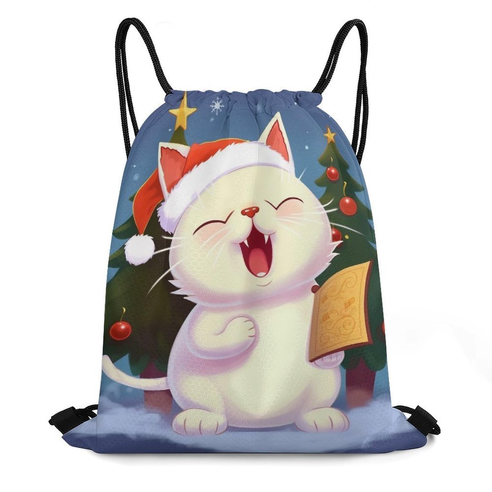 OURTEV Cute Cat Sing Christmas Carols Drawstring Backpack Travel Sports Drawstring Bags Portable Storage Gym Bag for Men Women, 35*42cm, Style