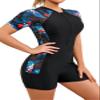 SHEKINI Womens Short Sleeve Rash Guard One Piece Swimsuit Surfing Suit Half Zipper Front Bathing Suit Quick Dry(Blue Leaf Flower,M) view 3