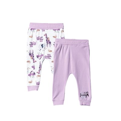Kidddio Baby and Toddler Girl 2-Pack Pants Cotton Elastic Waist and Ankles Flexy Sweatpants Jogger Lilac, 3 Months