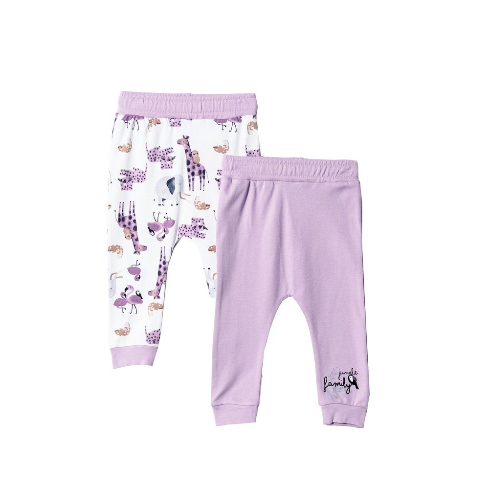 Kidddio Baby and Toddler Girl 2-Pack Pants Cotton Elastic Waist and Ankles Flexy Sweatpants Jogger Lilac, 3 Months