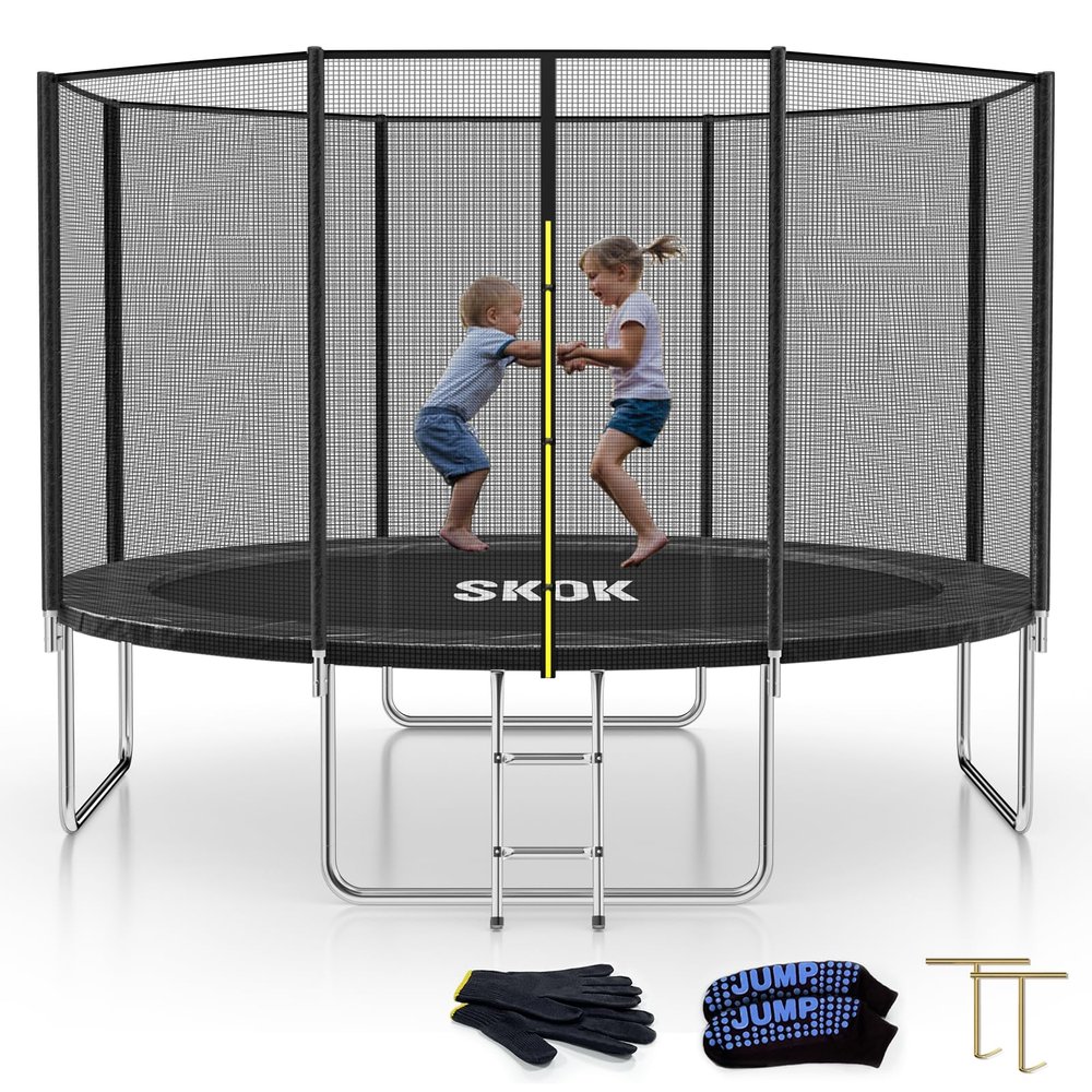 SKOK Trampolines 12FT Black Recreational Trampoline with Enclosure Net, Trampoline Outdoor for Kids and Adults, ASTM Approved, Capacity 400lbs,Black