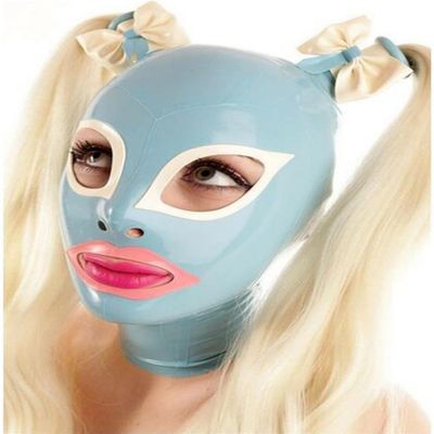 DORAFEI Light Blue Latex Hood with Double Blond Ponytail Wigs Back Zipper Rubber Mask with Golden Pigtail Club Wear (Red, L, with wigs)