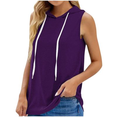 Generic Womens Summer Sleeveless Hooded Tank Tops T-Shirt for Athletic Exercise Relaxed Fit Breathable Hoodies Oversized Sweatshirt, Medium, 01-purple