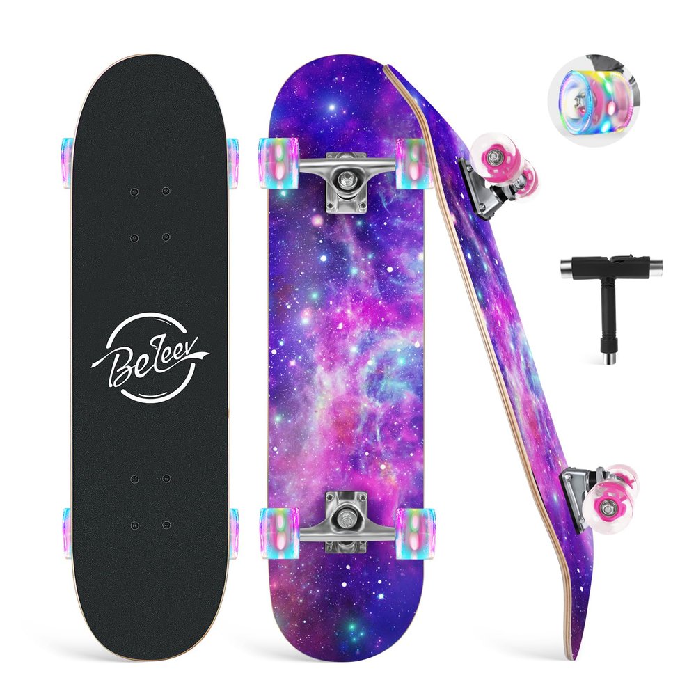 BELEEV Skateboards for Kids, 31x8 inch Complete Skateboard for Beginners Teens Adults, 7 Ply Canadian Maple Double Kick Deck Concave Skateboard with LED Light-Up Wheels (Galaxy Purple)