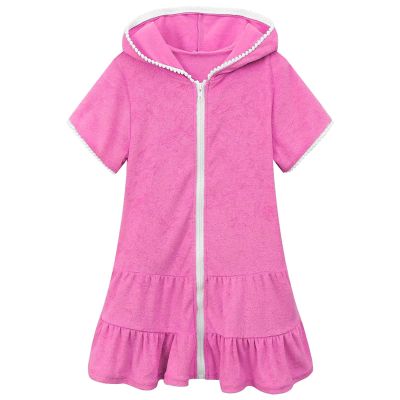 Girls Swim Cover Up Kids Beach Swimsuit Coverup erry Zip-Up Bathing Suit Beach Pool Clothes (Hot Pink, 8-9 Years)