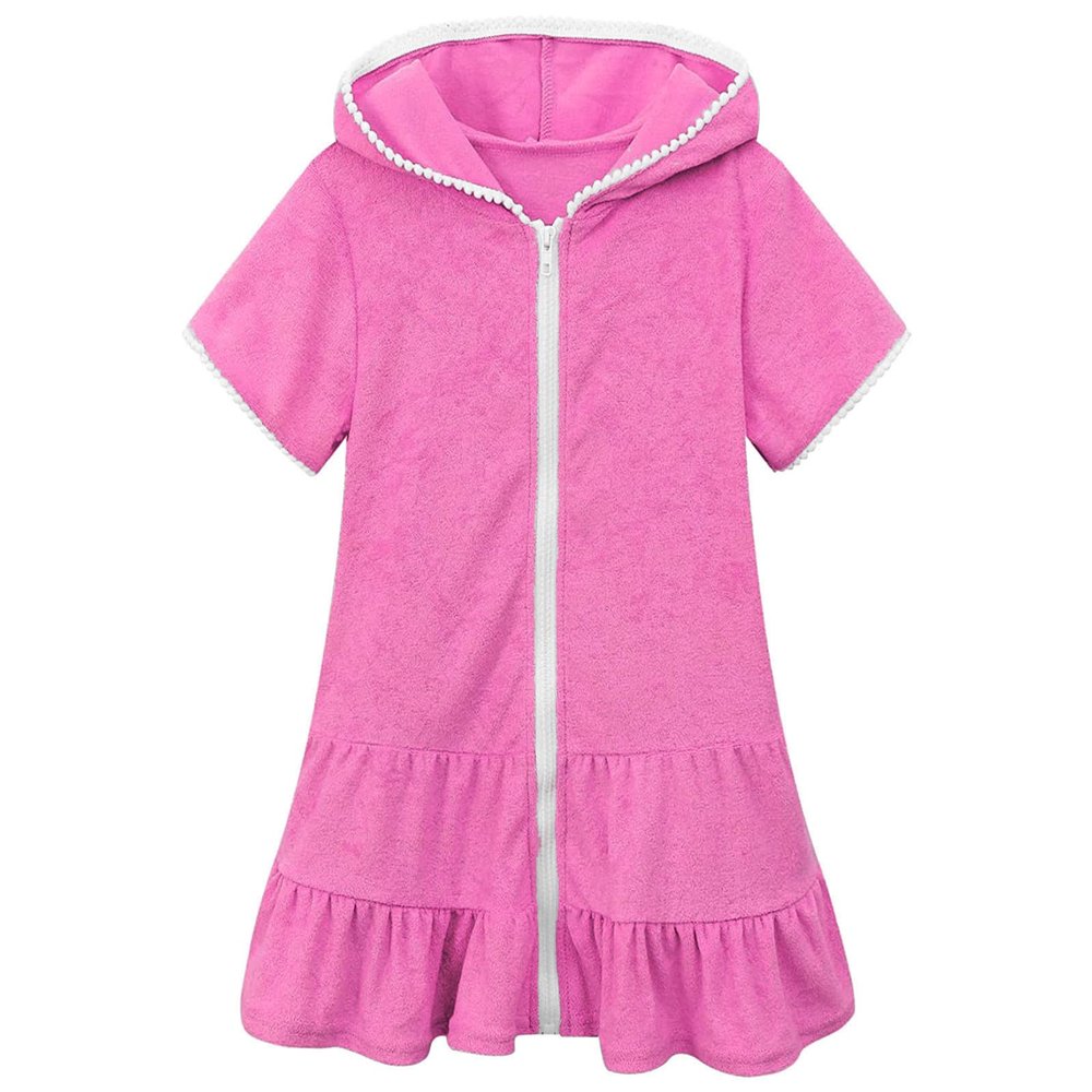 Girls Swim Cover Up Kids Beach Swimsuit Coverup erry Zip-Up Bathing Suit Beach Pool Clothes (Hot Pink, 8-9 Years)