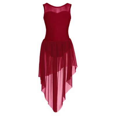 XUNZOO Kids Girls Lyrical Dance Dress Modern Contemporary Costume Sleeveless Mesh Tulle High Low Skirt Ballet Dancewear Burgundy 12 Years
