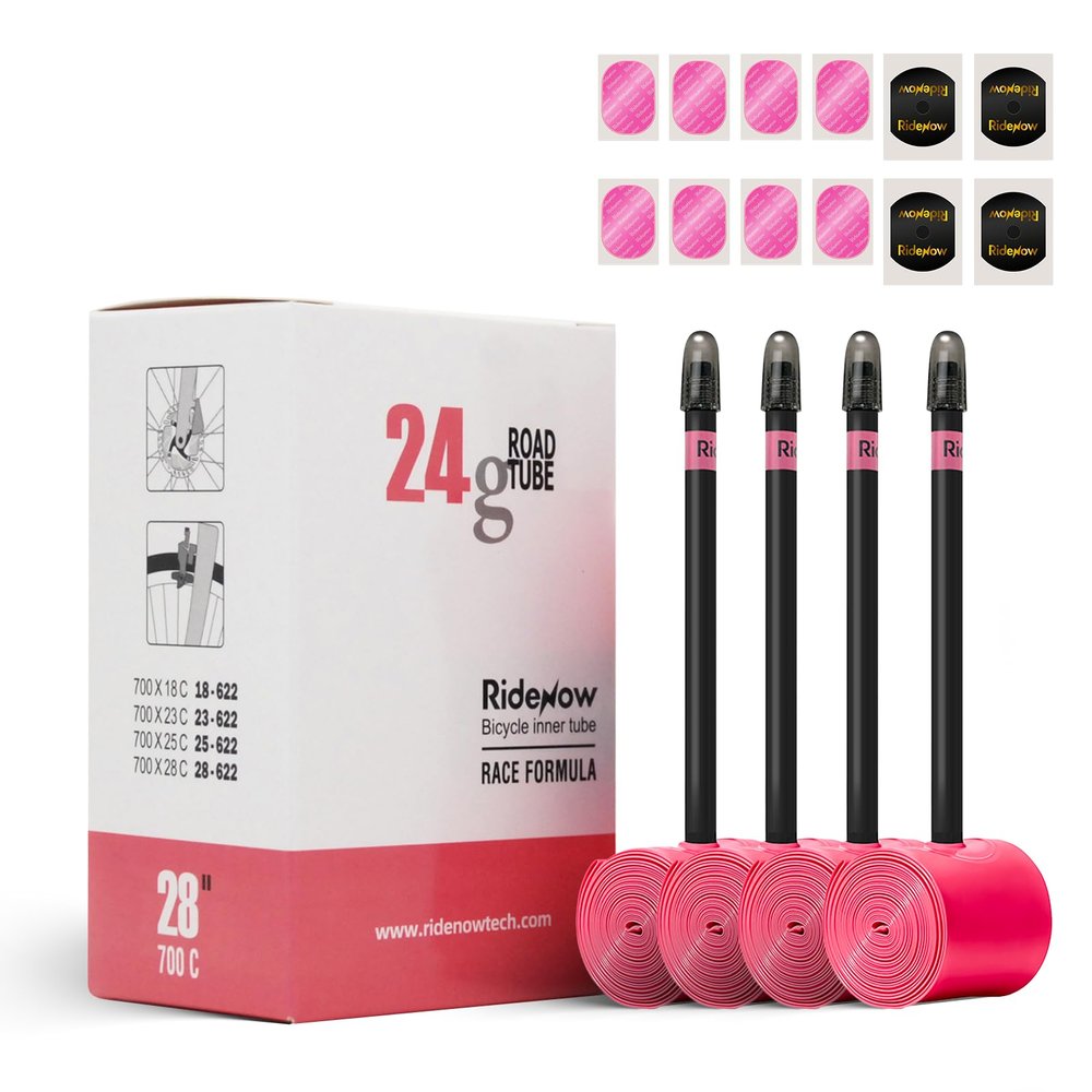 Ridenow 4-Pack Bike Inner Tube for 700/18C-28C, 700/18C-32C with 65/85 mm Metal &TPU Presta Valves for Road Bikes, Super Light Puncture Resistant Bicycle Inner Tube(Include Patch Repair Kits)