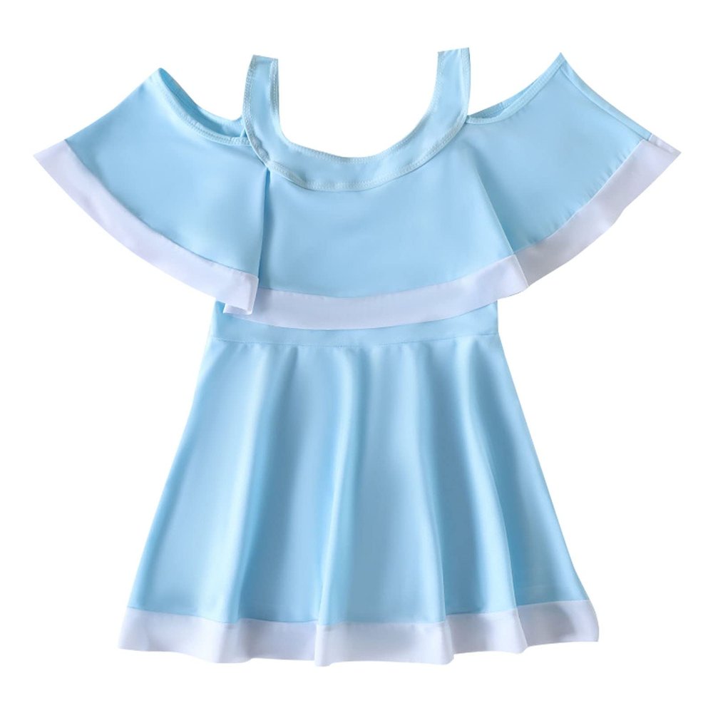 Summer Girl's One Piece Swimsuit Quick Drying with Chest Pad Dress Swimwear Ruffle Floral (Light Blue, 9-11 Years)