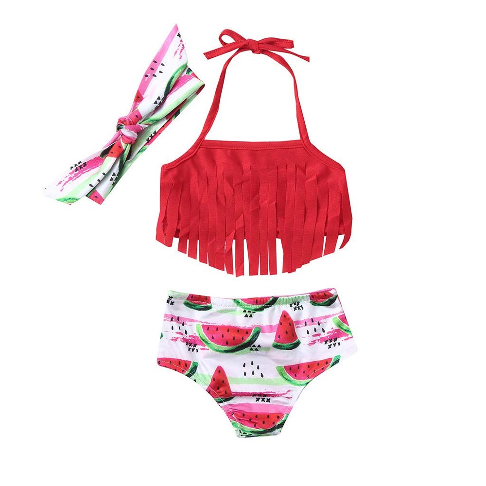 NineFit Basics Baby Girls Watermelon Print Swimsuit Cute Tassel 2 Piece Tankni Top and Bikini Bottom Infant Summer (Red, 12-18 Months)