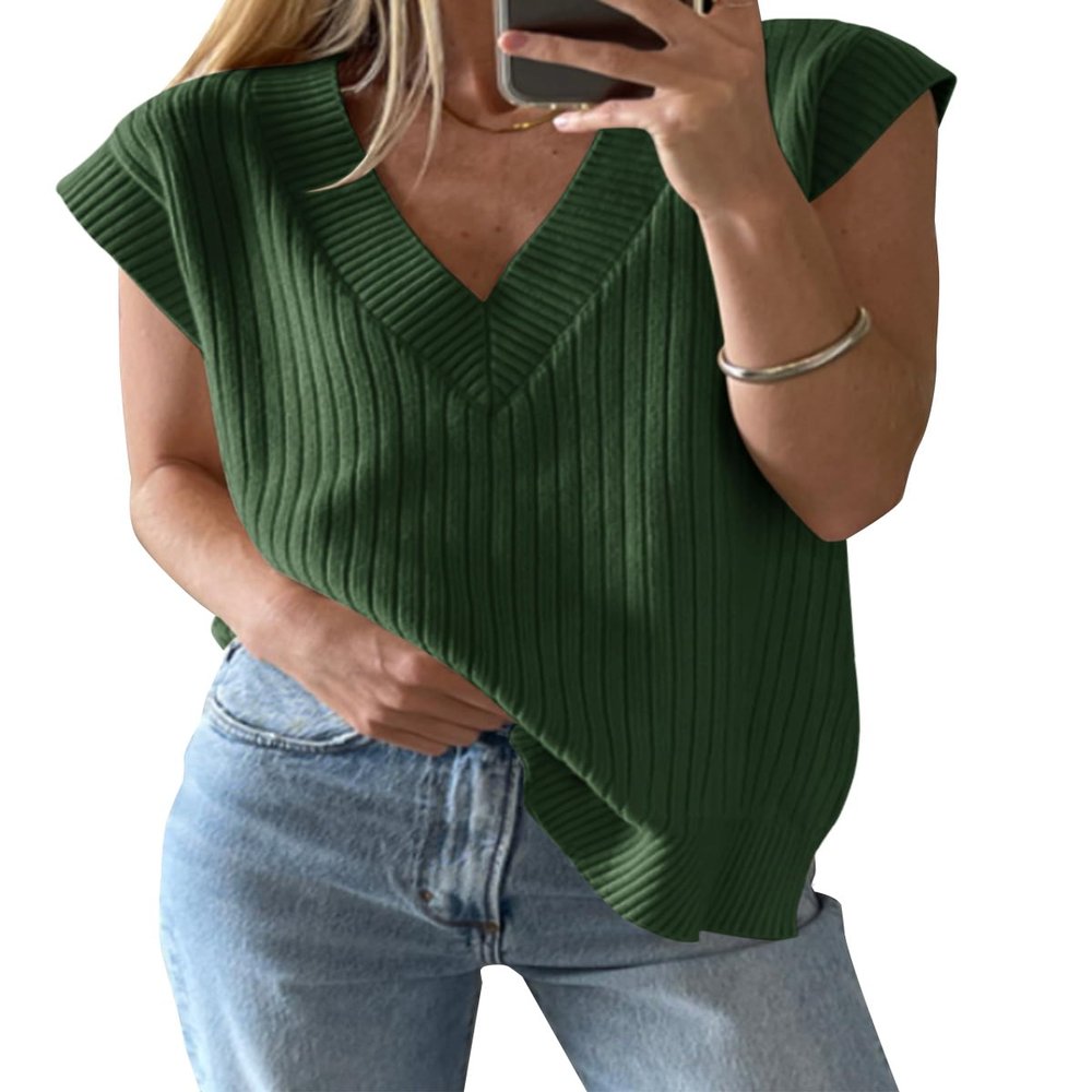 Saodimallsu Womens V Neck Sweater Vest Oversized Ribbed Knit Sleeveless Casual Loose Fit Pullover Tank Top Army Green