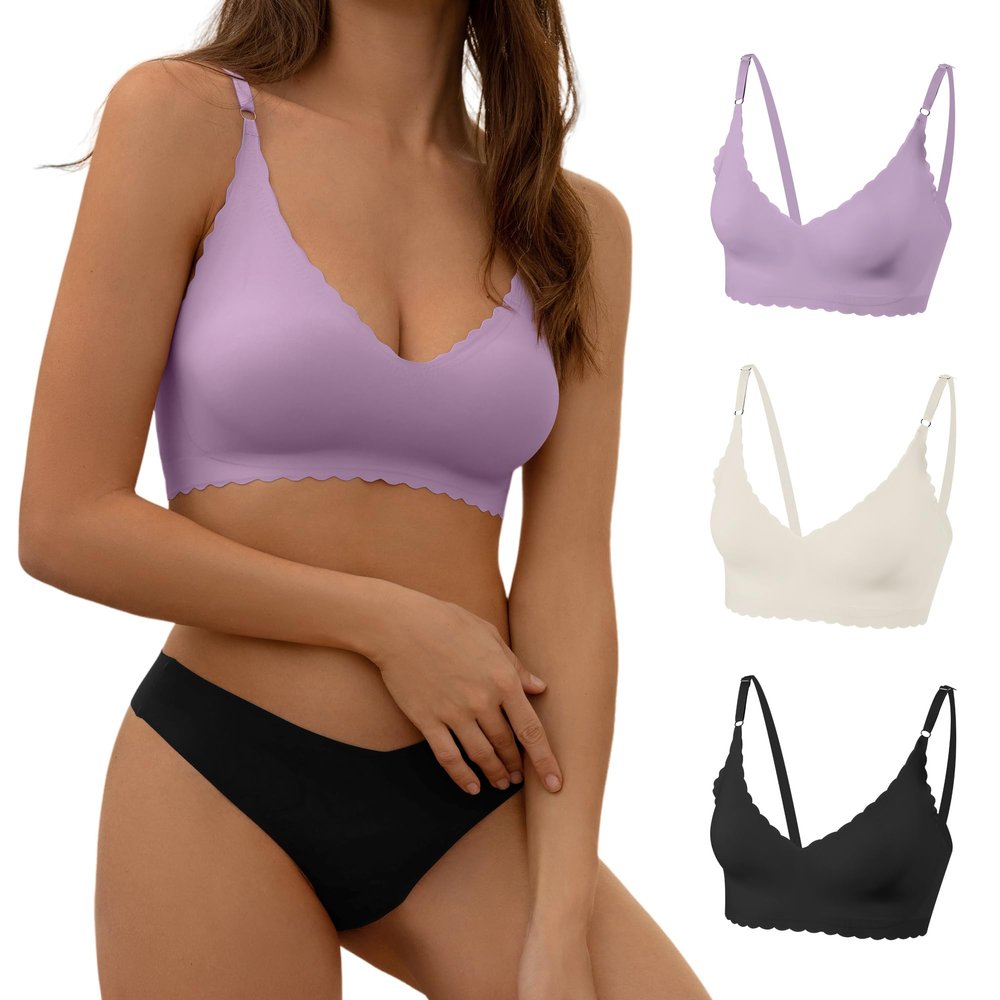 DEANGELMON Seamless Bralettes for Women V Neck Padded Bras Adjustable Straps Everyday Comfortable Sleeping Bras(3P1,L)