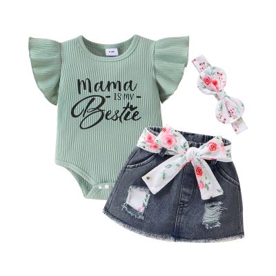 CETEPY Baby Girl Clothes 0-3 Months Newborn Romper Ruffle Sleeve Short Jeans Skirt with Headband Infant Outfits Set Flower Leopard 0-3 Months