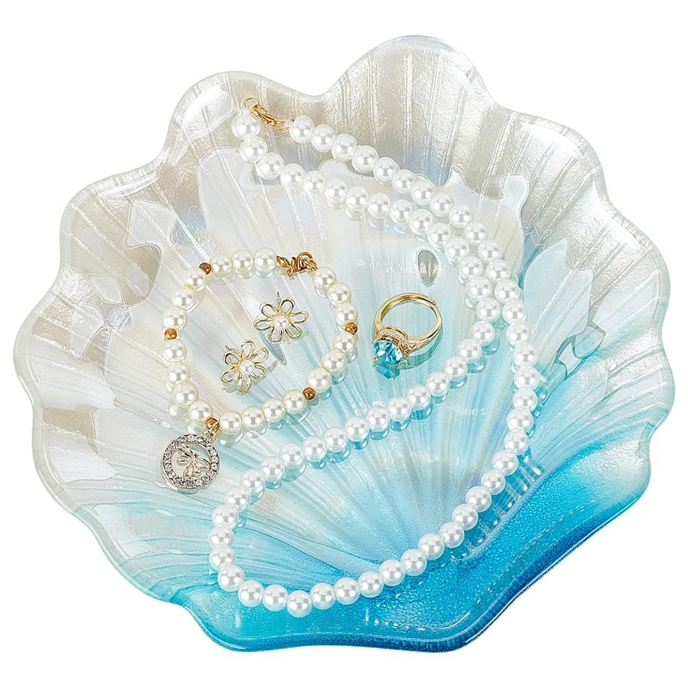 FINGERINSPIRE Shell Trinket Dish - Light Sky Blue Glass Jewelry Tray, Shell Shape Storage Tray for Rings, Earrings, Necklaces, Bracelets, and Keys