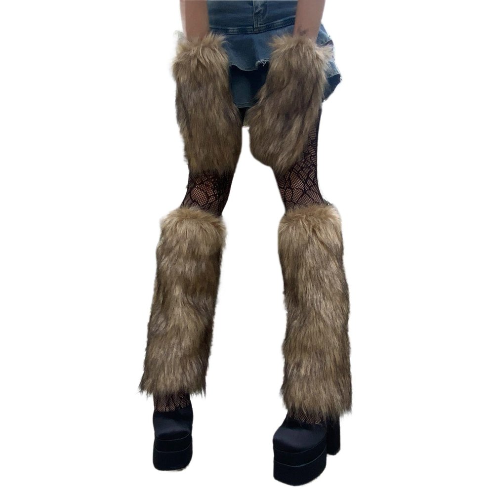 Muloo Furry Leg Warmers Boot Cuffs Cover Mesh Stockings Costume Girl Cosplay Wrist Gloves Japanese Lace Stockings, Brown